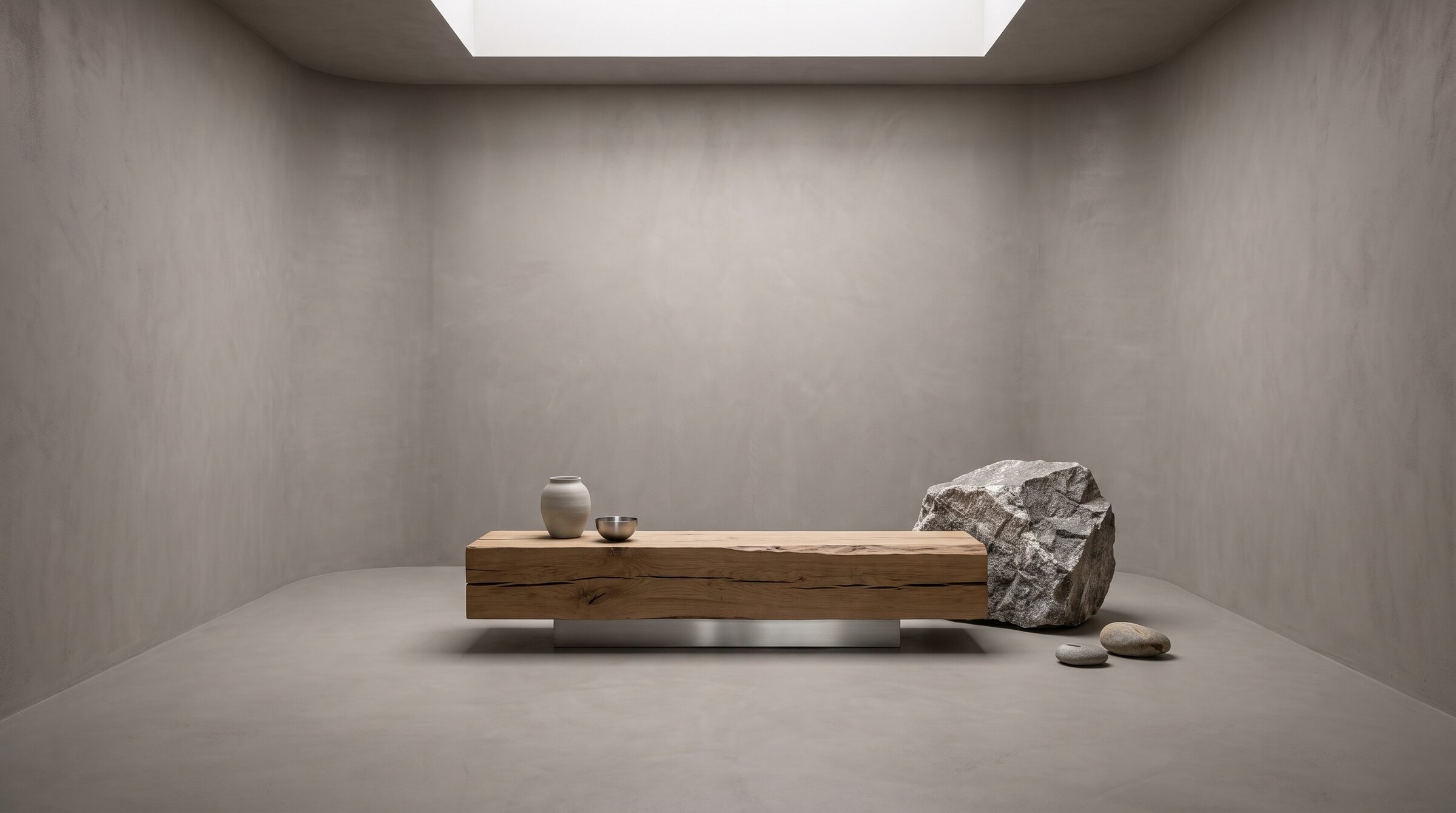Oak beam bench on a steel base beside a granite boulder under a skylight