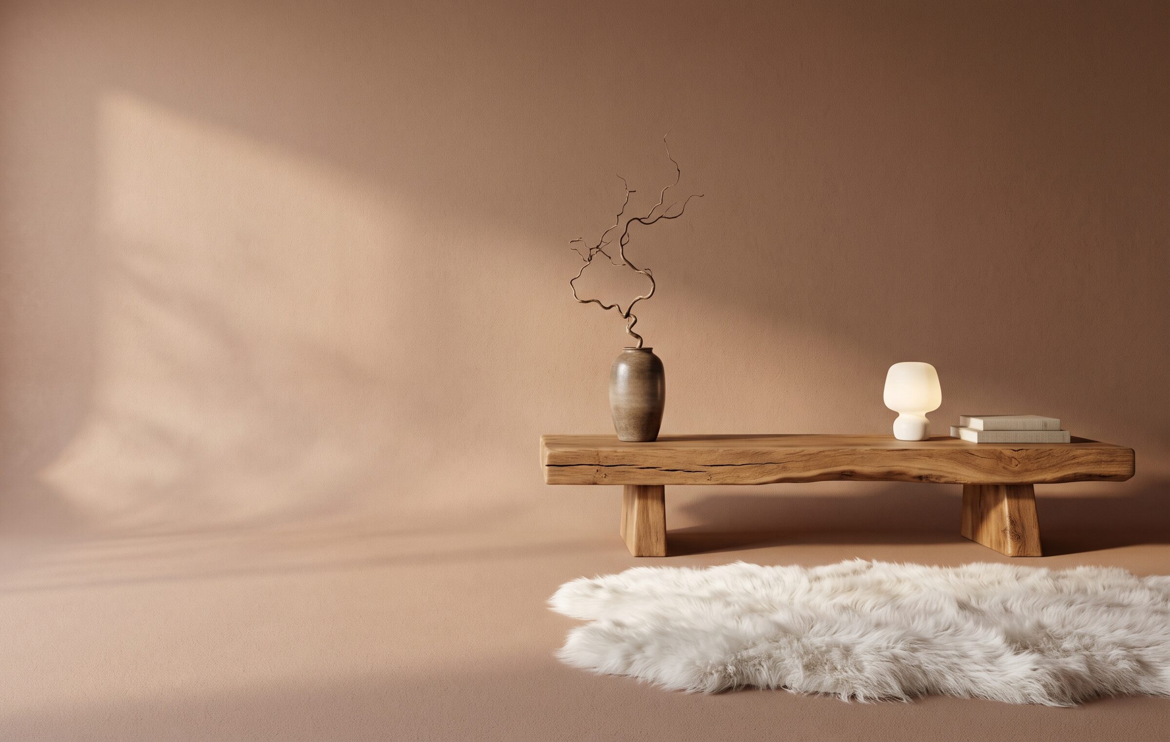 Oak bench with a stoneware vase and a small lamp in warm afternoon light